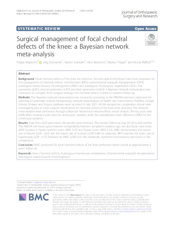 Surgical management of focal chondral defects of the knee: a Bayesian network meta-analysis. Thumbnail