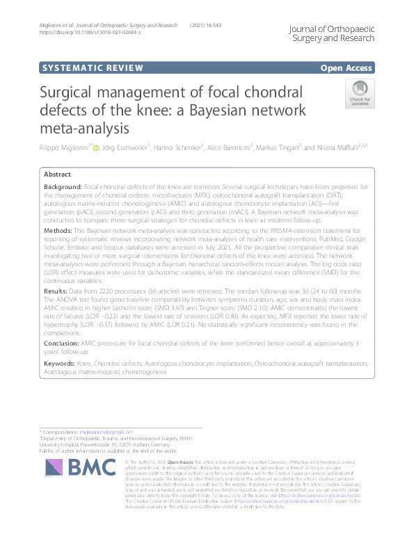 Surgical management of focal chondral defects of the knee: a Bayesian network meta-analysis. Thumbnail