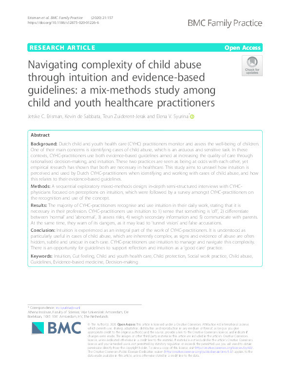 Navigating complexity of child abuse through intuition and evidence-based guidelines: a mix-methods study among child and youth healthcare practitioners Thumbnail