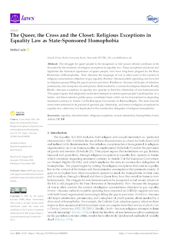 The Queer, the Cross and the Closet: Religious Exceptions in Equality Law as State-Sponsored Homophobia Thumbnail