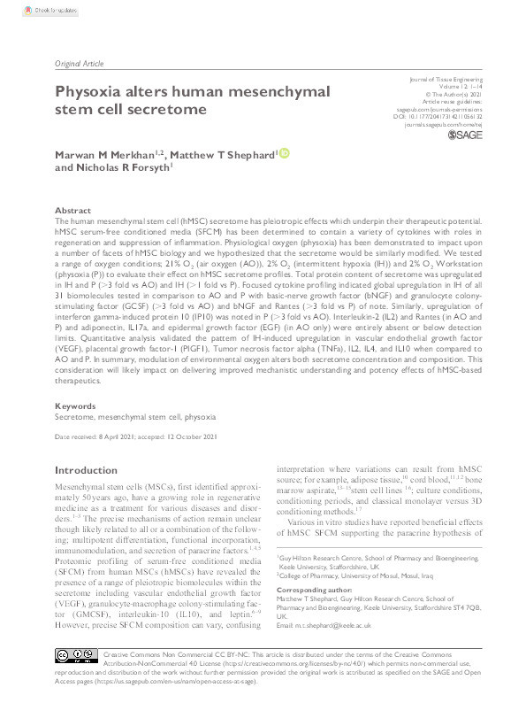 Physoxia alters human mesenchymal stem cell secretome Thumbnail