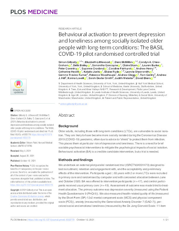 Behavioural activation to prevent depression and loneliness among socially isolated older people with long-term conditions: The BASIL COVID-19 pilot randomised controlled trial. Thumbnail