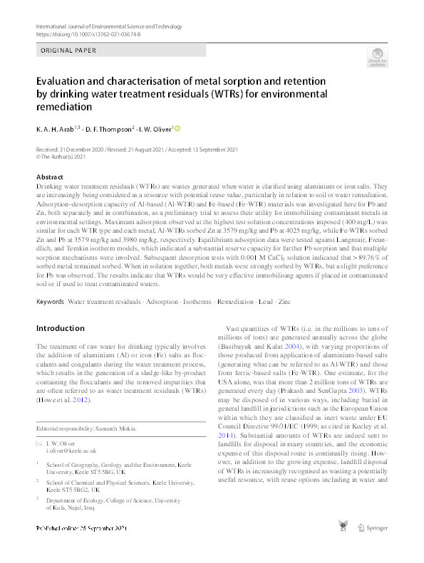 Evaluation and characterisation of metal sorption and retention by drinking water treatment residuals (WTRs) for environmental remediation Thumbnail