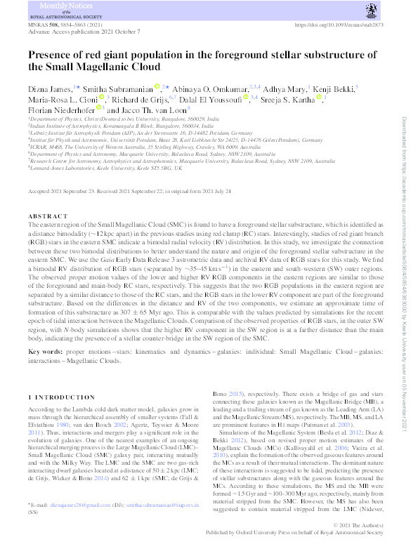 Presence of red giant population in the foreground stellar substructure of the Small Magellanic Cloud Thumbnail