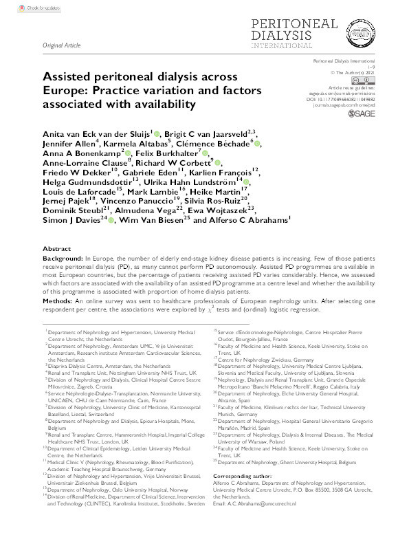 Assisted peritoneal dialysis across Europe: Practice variation and factors associated with availability Thumbnail