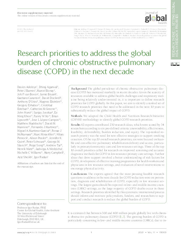 Research priorities to address the global burden of chronic obstructive pulmonary disease (COPD) in the next decade Thumbnail