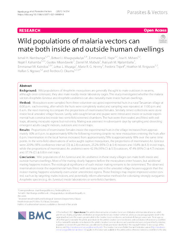 Wild populations of malaria vectors can mate both inside and outside human dwellings. Thumbnail