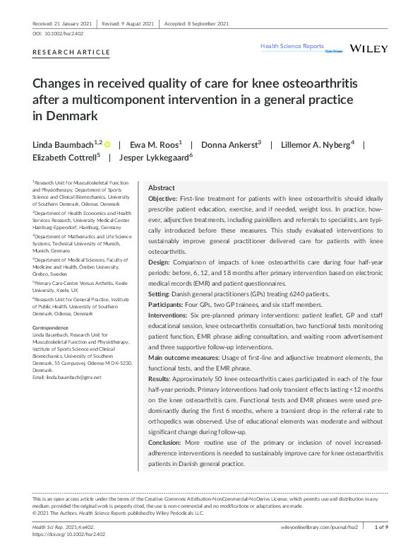 Changes in received quality of care for knee osteoarthritis after a multicomponent intervention in a general practice in Denmark Thumbnail