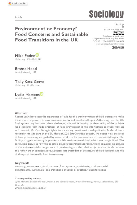 Environment or Economy? Food Concerns and Sustainable Food Transitions in the UK Thumbnail