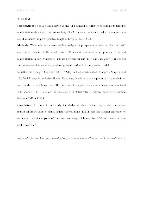 Predictors of postoperative hospital length of stay after total knee arthroplasty. Thumbnail