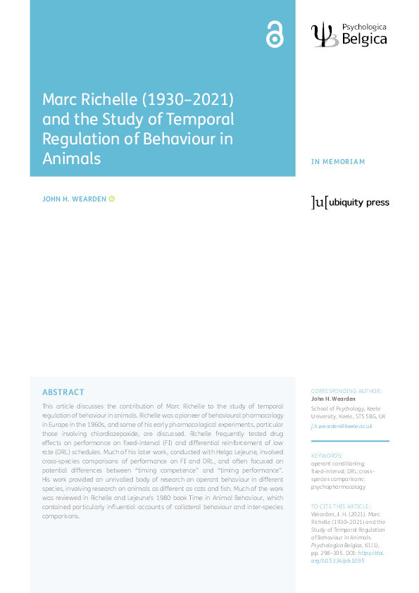 Marc Richelle (1930–2021) and the Study of Temporal Regulation of Behaviour in Animals Thumbnail