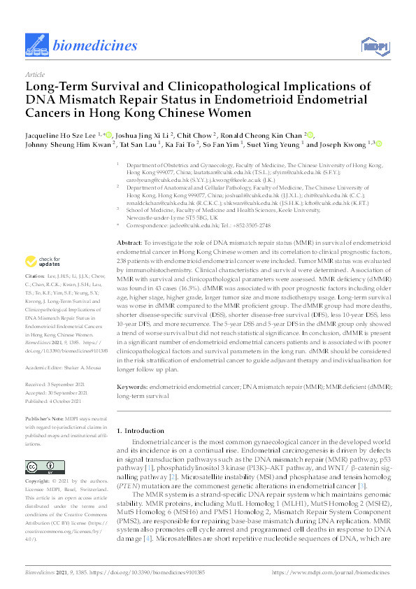 Long-Term Survival and Clinicopathological Implications of DNA Mismatch Repair Status in Endometrioid Endometrial Cancers in Hong Kong Chinese Women. Thumbnail