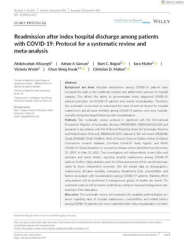 Readmission after index hospital discharge among patients with COVID-19: Protocol for a systematic review and meta-analysis Thumbnail