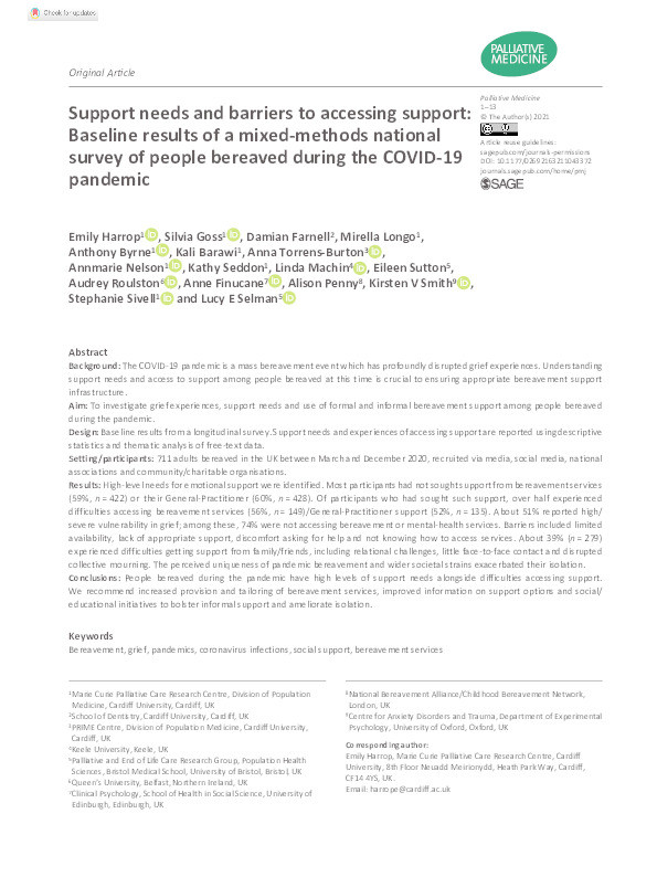 Support needs and barriers to accessing support: Baseline results of a mixed-methods national survey of people bereaved during the COVID-19 pandemic. Thumbnail