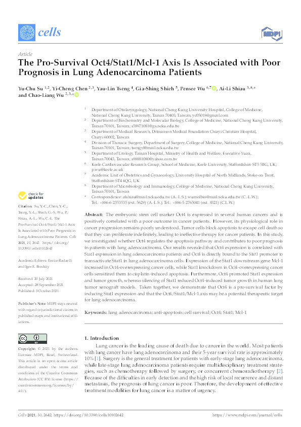 The Pro-Survival Oct4/Stat1/Mcl-1 Axis Is Associated with Poor Prognosis in Lung Adenocarcinoma Patients Thumbnail