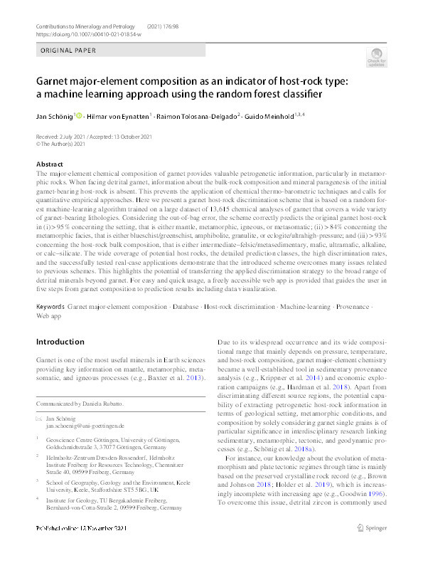 Garnet major-element composition as an indicator of host-rock type: a machine learning approach using the random forest classifier Thumbnail