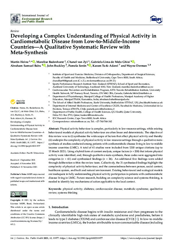 Developing a Complex Understanding of Physical Activity in Cardiometabolic Disease from Low-to-Middle-Income Countries—A Qualitative Systematic Review with Meta-Synthesis Thumbnail