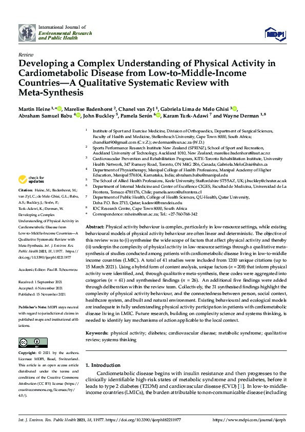 Developing a Complex Understanding of Physical Activity in Cardiometabolic Disease from Low-to-Middle-Income Countries—A Qualitative Systematic Review with Meta-Synthesis Thumbnail