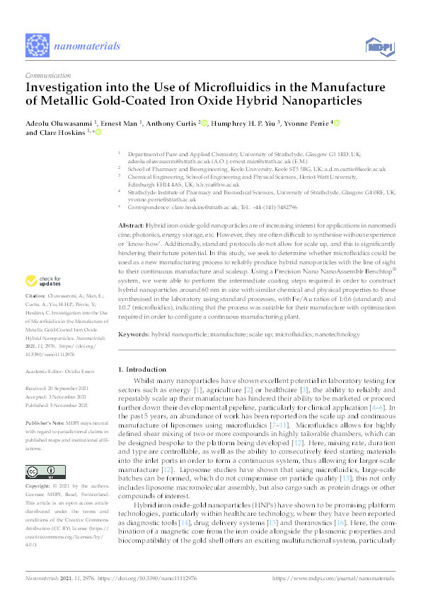 Investigation into the Use of Microfluidics in the Manufacture of Metallic Gold-Coated Iron Oxide Hybrid Nanoparticles Thumbnail