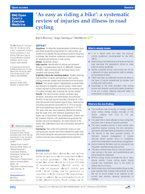 'As easy as riding a bike': a systematic review of injuries and illness in road cycling. Thumbnail