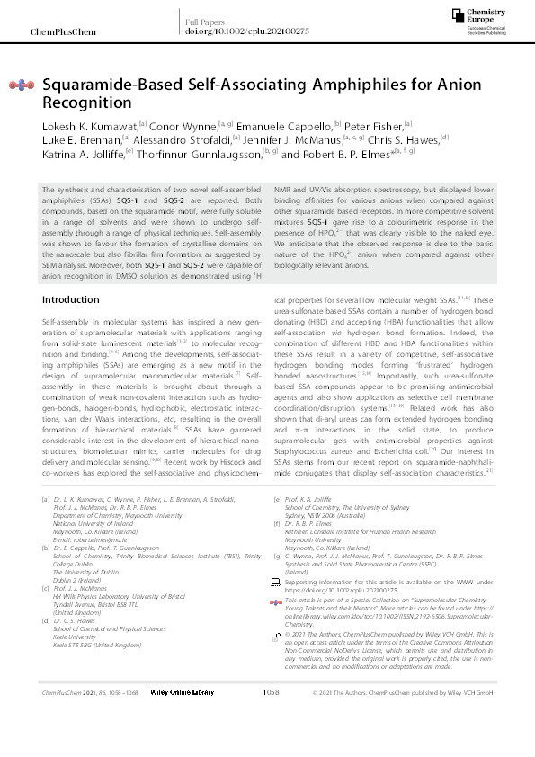 Squaramide‐Based Self‐Associating Amphiphiles for Anion Recognition Thumbnail