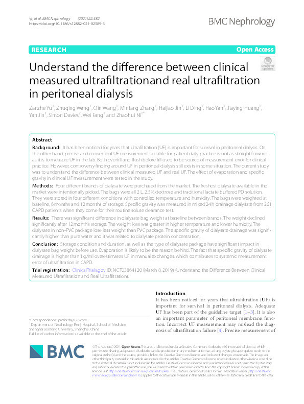 Understand the difference between clinical measured ultrafiltrationand real ultrafiltration in peritoneal dialysis. Thumbnail