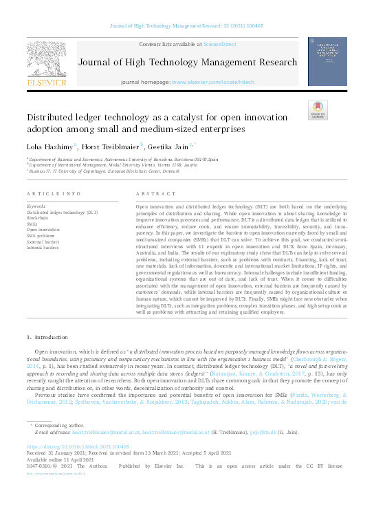 Distributed ledger technology as a catalyst for open innovation adoption among small and medium-sized enterprises Thumbnail