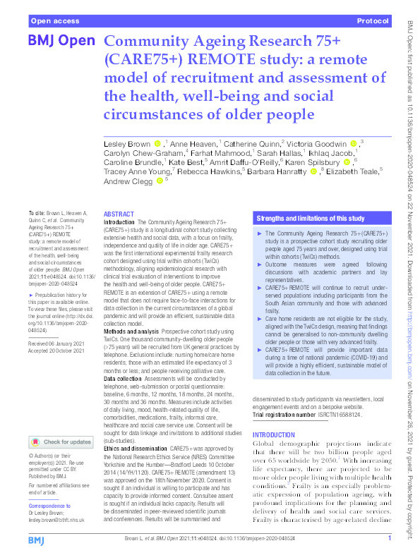 Community Ageing Research 75+ (CARE75+) REMOTE study: a remote model of recruitment and assessment of the health, well-being and social circumstances of older people Thumbnail