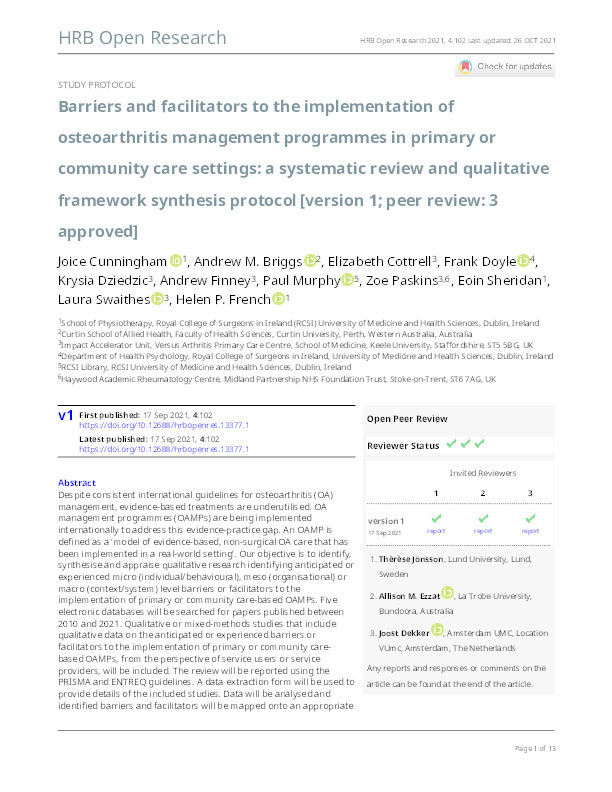 Barriers and facilitators to the implementation of osteoarthritis management programmes in primary or community care settings: a systematic review and qualitative framework synthesis protocol. Thumbnail