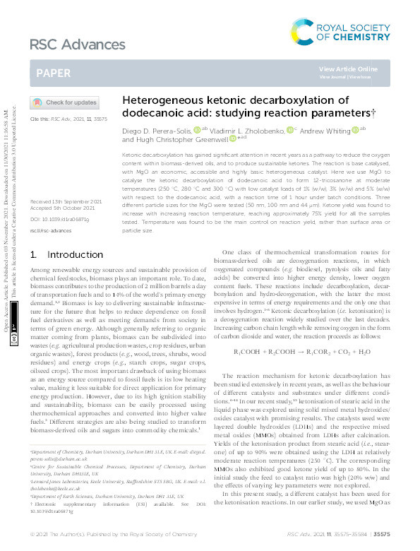Heterogeneous ketonic decarboxylation of dodecanoic acid: studying reaction parameters Thumbnail