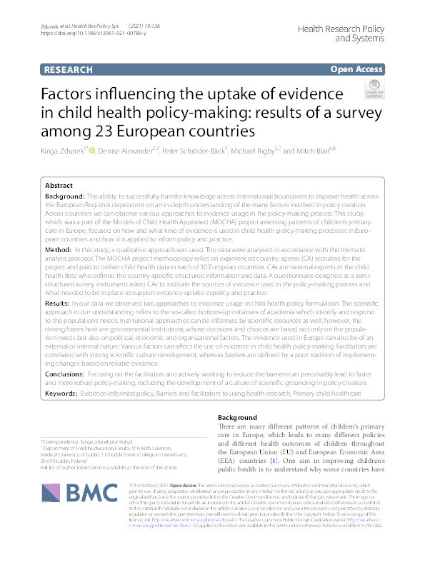 Factors influencing the uptake of evidence in child health policy-making: results of a survey among 23 European countries. Thumbnail