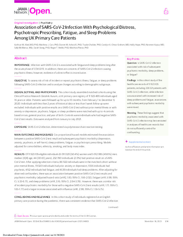 Association of SARS-CoV-2 Infection With Psychological Distress, Psychotropic Prescribing, Fatigue, and Sleep Problems Among UK Primary Care Patients. Thumbnail
