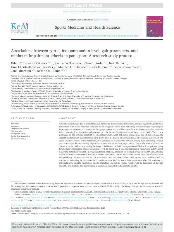 ASSOCIATIONS BETWEEN PARTIAL FOOT AMPUTATION LEVEL, GAIT PARAMETERS, AND MINIMUM IMPAIRMENT CRITERIA IN PARA-SPORT: A RESEARCH STUDY PROTOCOL Thumbnail