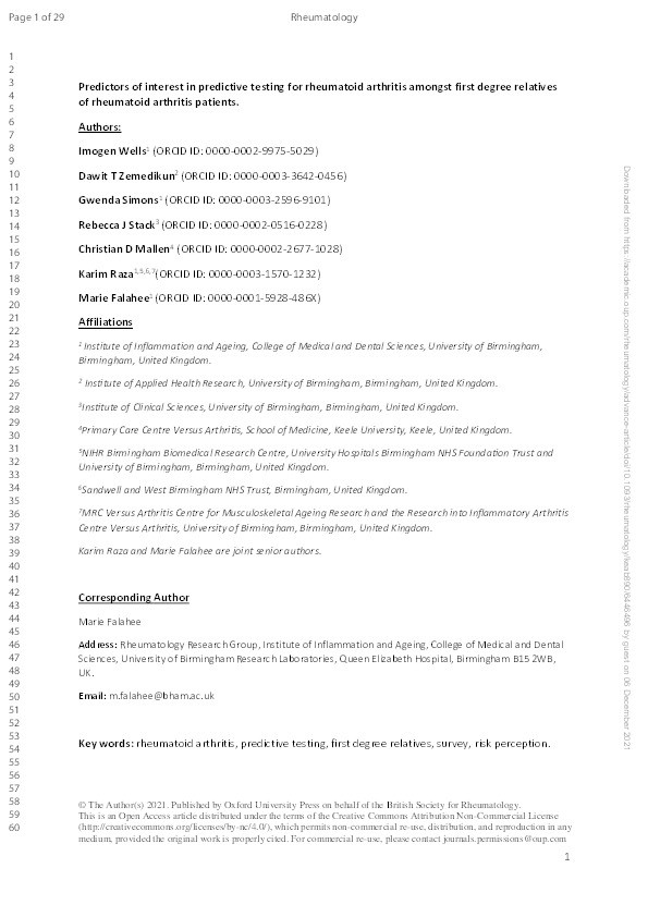 Predictors of interest in predictive testing for rheumatoid arthritis among first degree relatives of rheumatoid arthritis patients Thumbnail