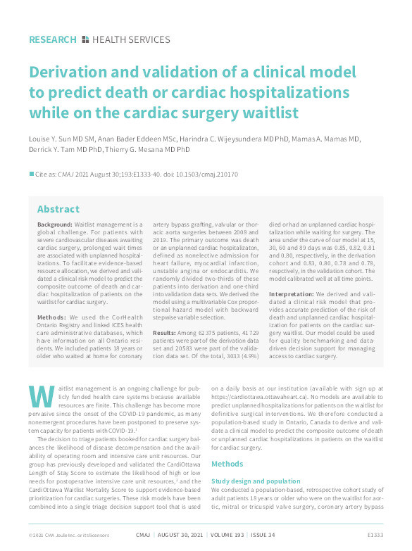 Derivation and validation of a clinical model to predict death or cardiac hospitalizations while on the cardiac surgery waitlist Thumbnail