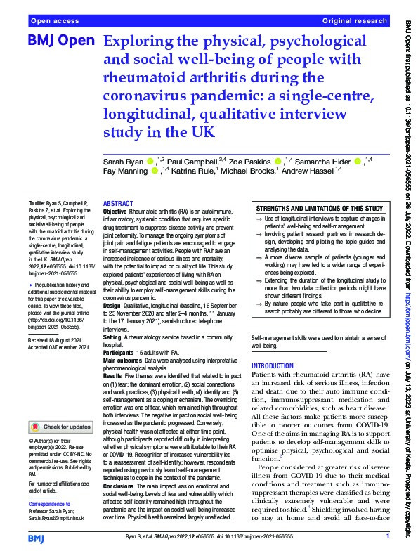 Exploring the physical, psychological and social well-being of people with rheumatoid arthritis during the coronavirus pandemic: a single-centre, longitudinal, qualitative interview study in the UK Thumbnail