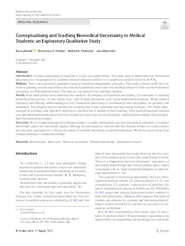 Conceptualising and Teaching Biomedical Uncertainty to Medical Students: an Exploratory Qualitative Study Thumbnail