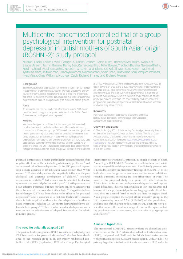 Multicentre randomised controlled trial of a group psychological intervention for postnatal depression in British mothers of South Asian origin (ROSHNI-2): study protocol Thumbnail