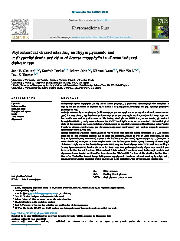 Phytochemical characterization, antihyperglycaemic and antihyperlipidemic activities of Setaria megaphylla in alloxan-induced diabetic rats Thumbnail
