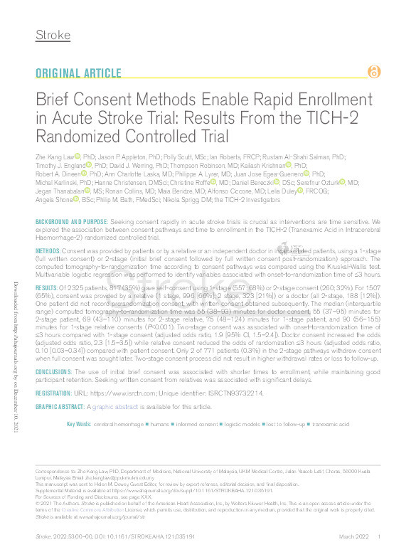 Brief Consent Methods Enable Rapid Enrollment in Acute Stroke Trial: Results From the TICH-2 Randomized Controlled Trial. Thumbnail