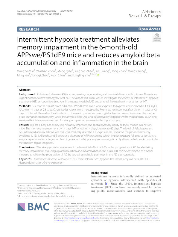 Intermittent hypoxia treatment alleviates memory impairment in the 6-month-old APPswe/PS1dE9 mice and reduces amyloid beta accumulation and inflammation in the brain. Thumbnail
