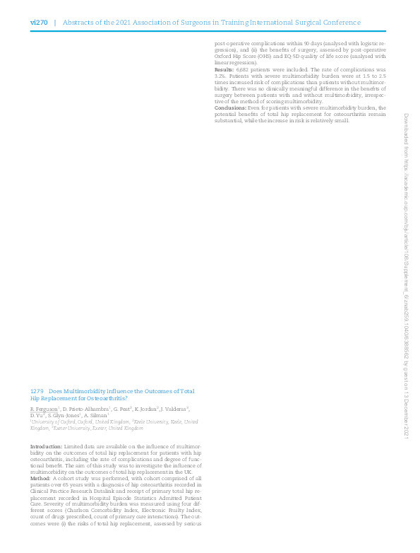 Does Multimorbidity Influence the Outcomes of Total Hip Replacement for Osteoarthritis? Thumbnail