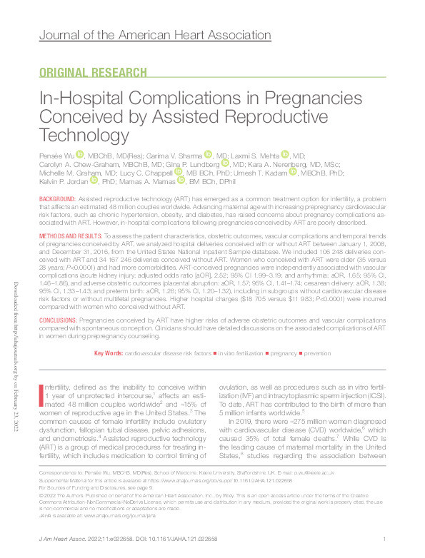 In‐Hospital Complications in Pregnancies Conceived by Assisted Reproductive Technology Thumbnail