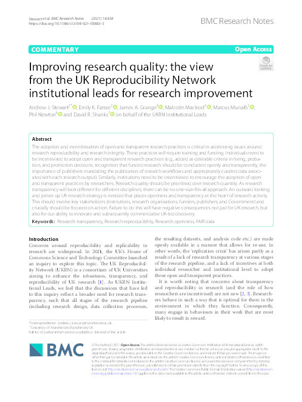 Improving research quality: The view from the UK Reproducibility Network institutional leads for research improvement Thumbnail