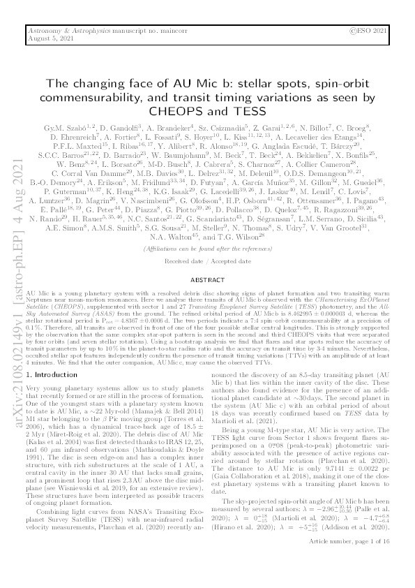 The changing face of AU Mic b: stellar spots, spin-orbit commensurability, and transit timing variations as seen by CHEOPS and TESS Thumbnail