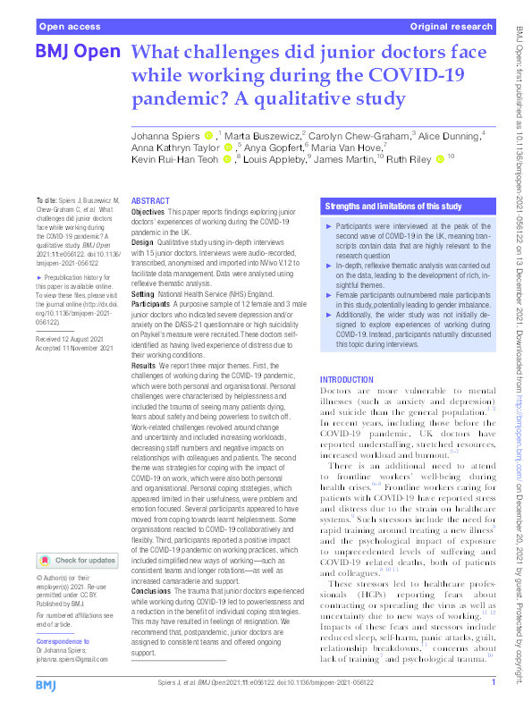 What challenges did junior doctors face while working during the COVID-19 pandemic? A qualitative study. Thumbnail