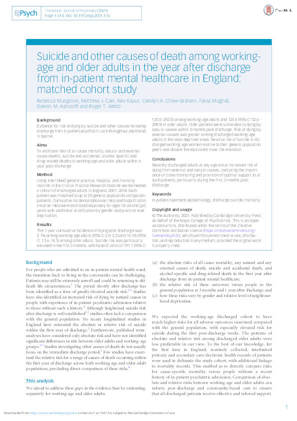 Suicide and other causes of death among working-age and older adults in the year after discharge from in-patient mental healthcare in England: matched cohort study Thumbnail
