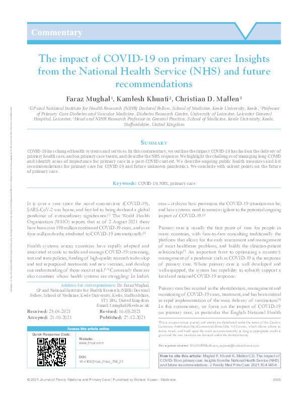 The impact of COVID-19 on primary care: insights from the National Health Service (NHS) and future recommendations Thumbnail
