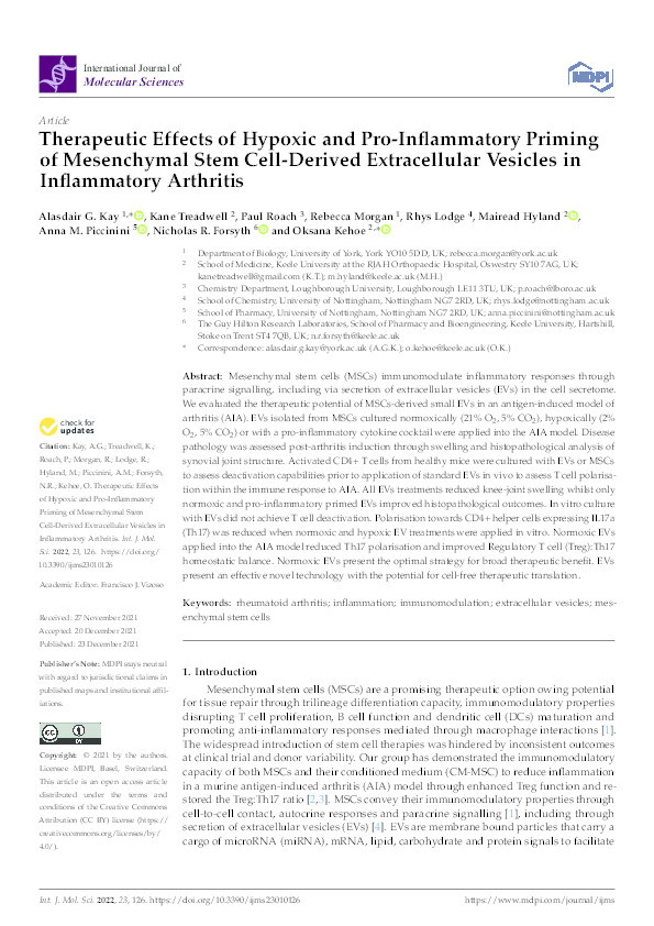 Therapeutic Effects of Hypoxic and Pro-Inflammatory Priming of Mesenchymal Stem Cell-Derived Extracellular Vesicles in Inflammatory Arthritis Thumbnail