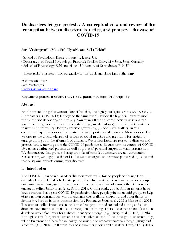 Do disasters trigger protests? A conceptual view and review of the connection between disasters, injustice, and protests – the case of COVID-19 Thumbnail